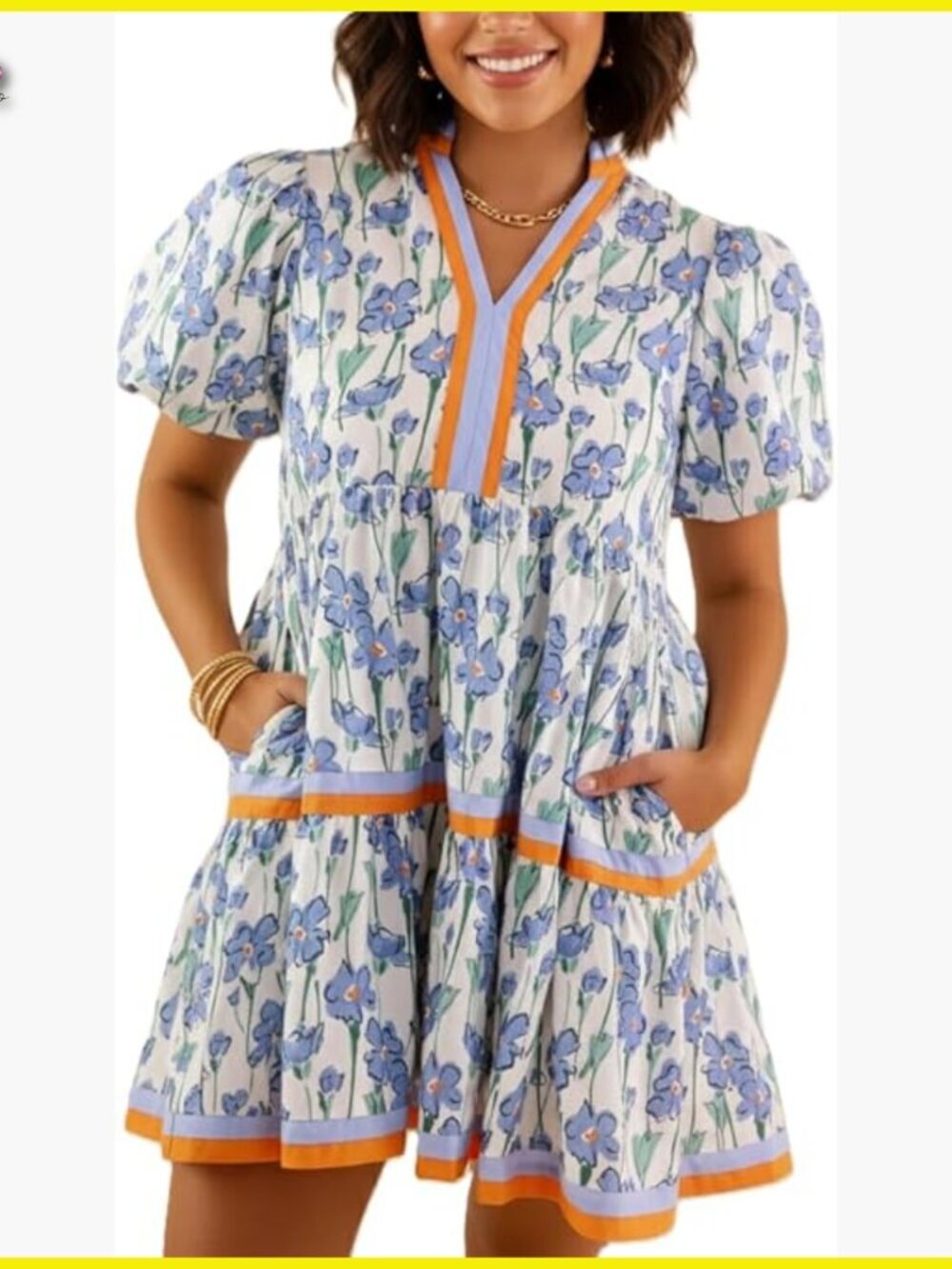 Floral Print Mini Dress Puff Sleeves Relaxed Fit Casual Chic with Pockets